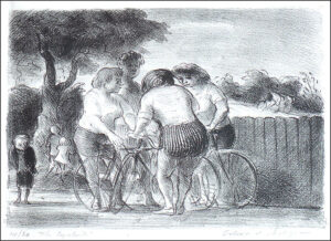 A lithographic print of a drawing of cyclists by Edward Ardizzone